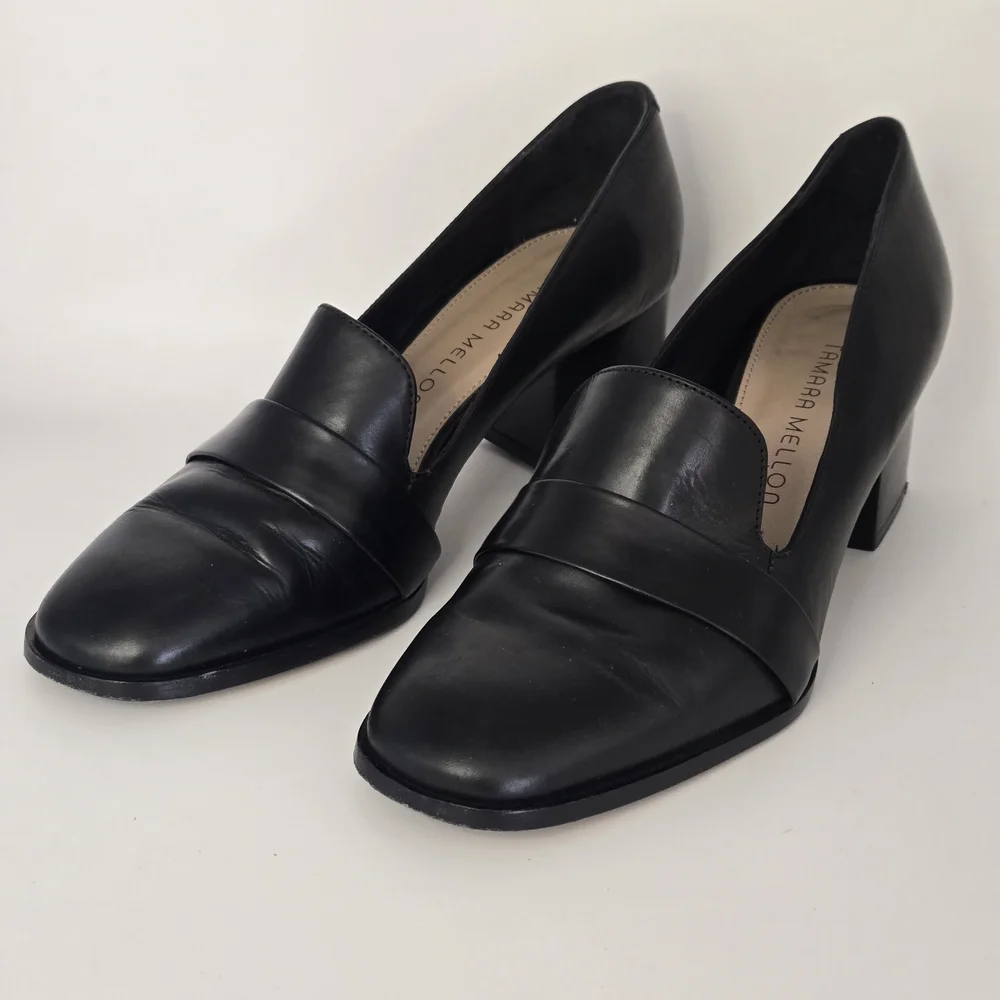 Tamara Mellon Black Leather Loafer Pumps Block Heel Size 36.5 Made Italy